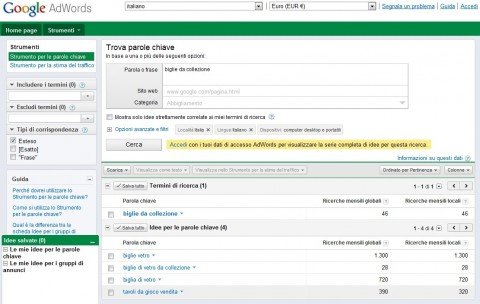 Analisi delle parole chiave con AdWords Keyword Tool