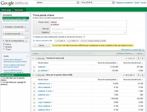 Analisi delle parole chiave netbook con l'AdWords Keyword Tool