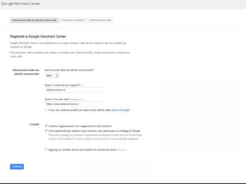 Procedura di Registrazione nel Google Merchant Center - Step 1